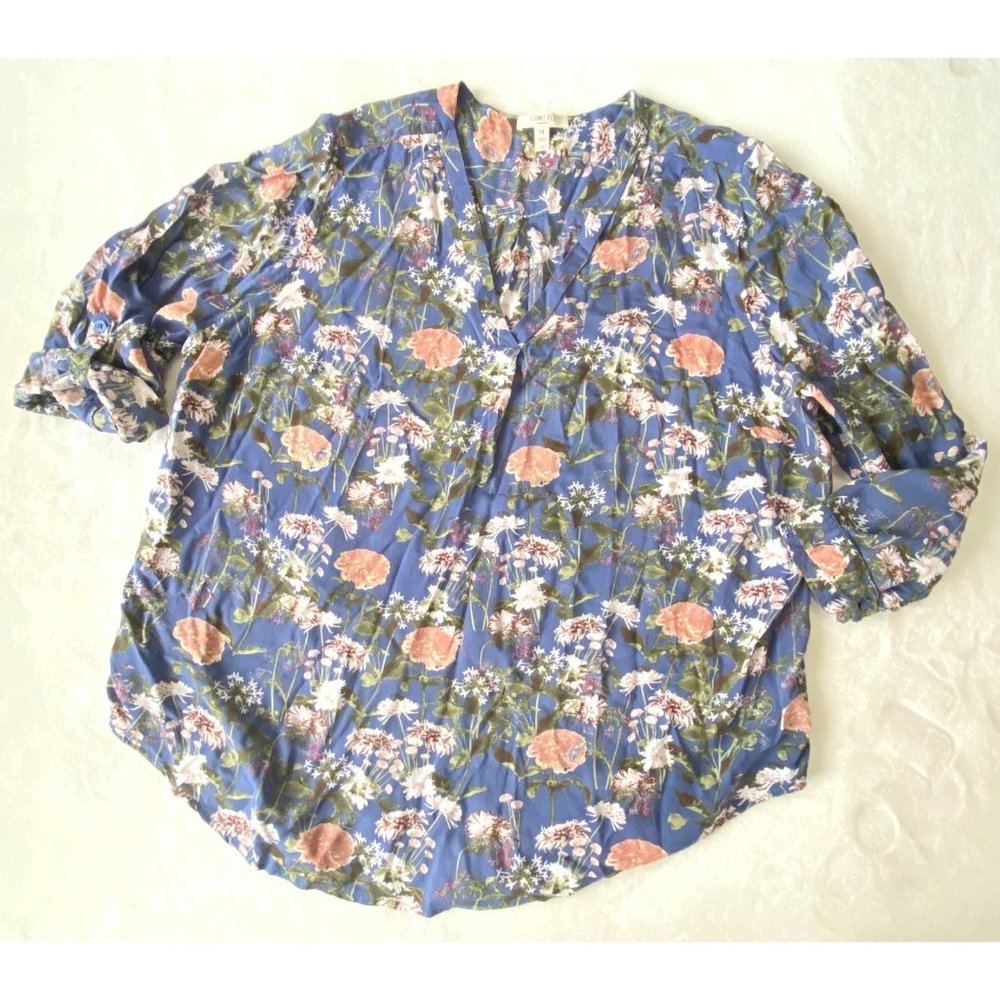 size 1x blouse/top Como Blu roll‎ tab sleeves floral lightweight v-neck - Picture 8 of 11